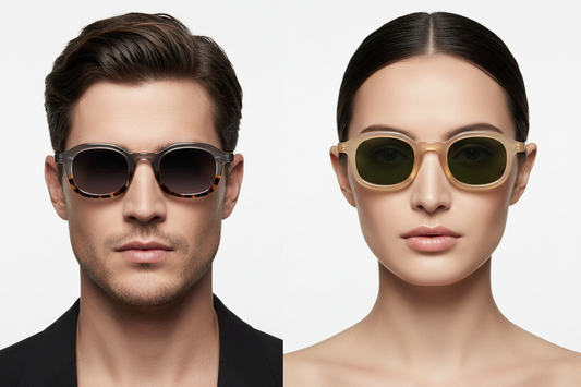 Man and woman wearing two-tone rounded square sunglasses