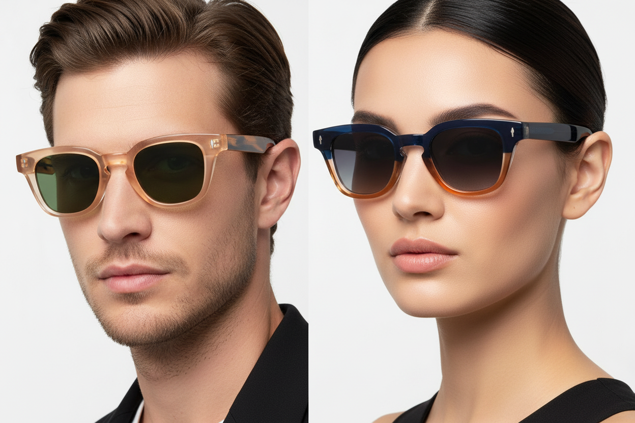 Man and woman wearing two-tone wayfarer sunglasses