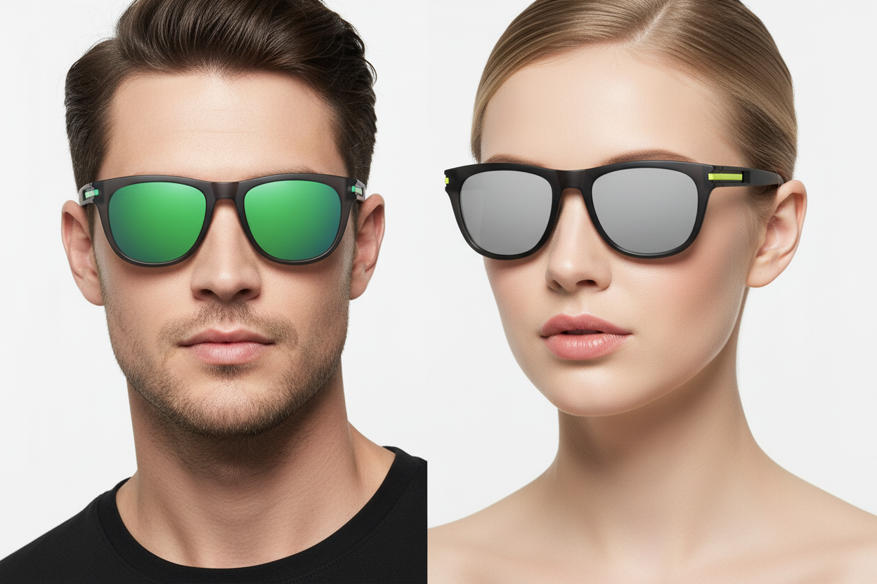 Man and woman wearing wayfarer sunglasses with colored accent stripes