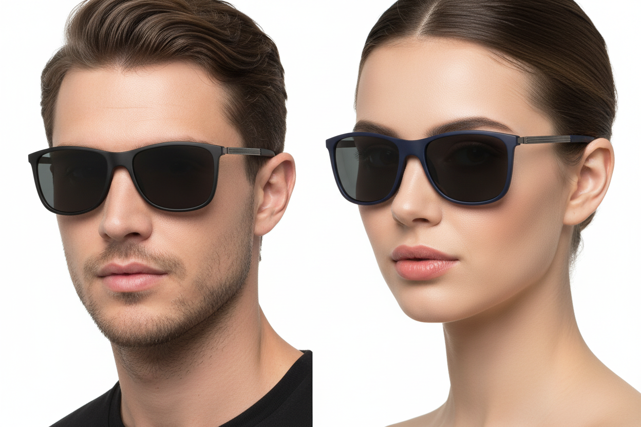 Man and woman wearing wayfarer sunglasses with textured metal temples