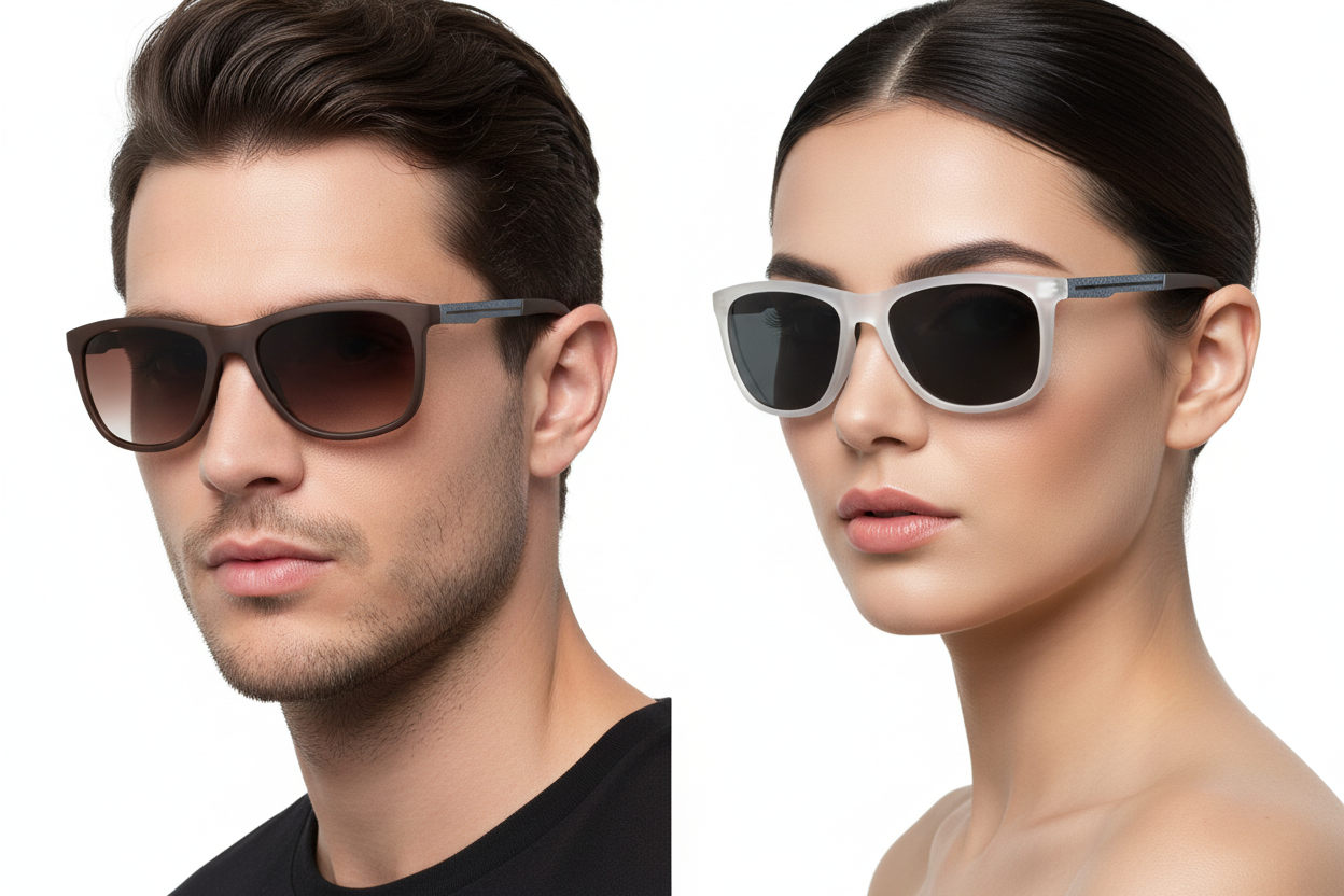 Man and woman wearing wayfarer sunglasses with textured temples