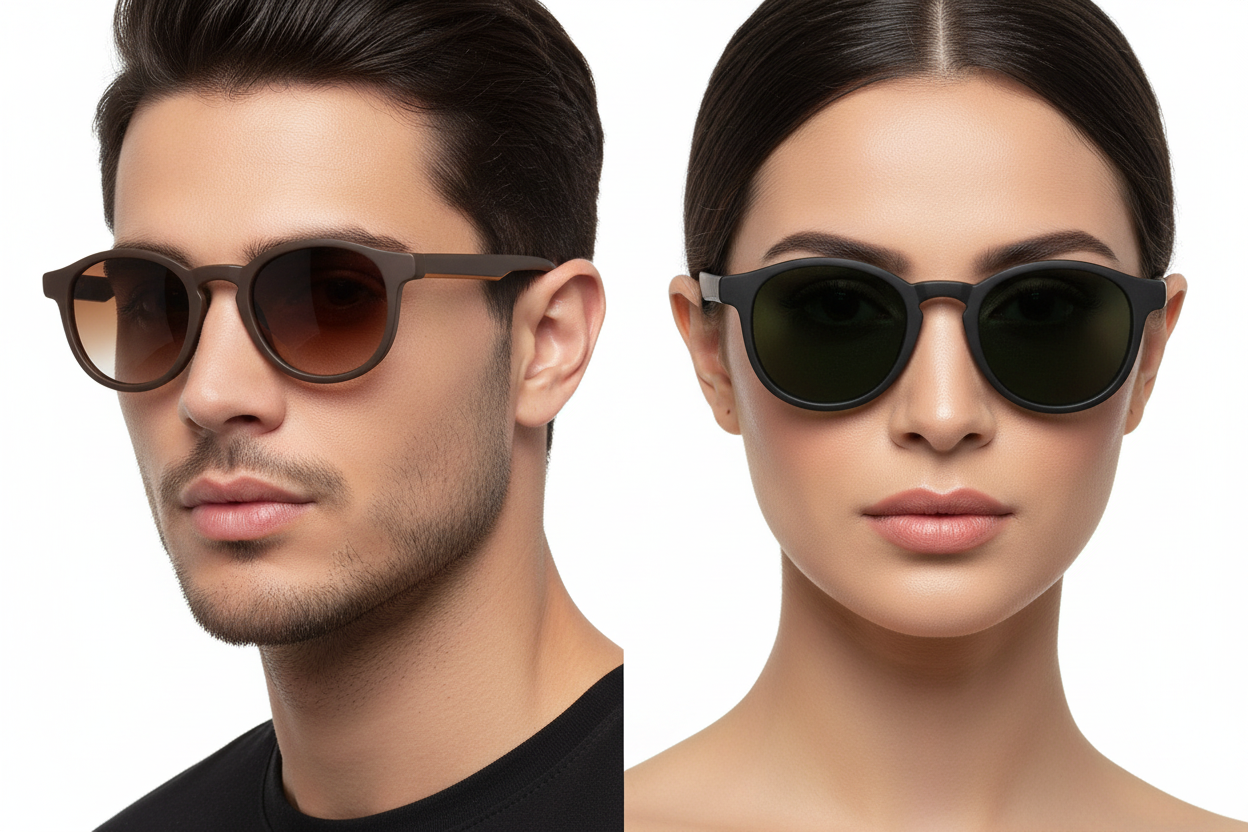 Persian man and woman wearing round sunglasses with two-tone temples