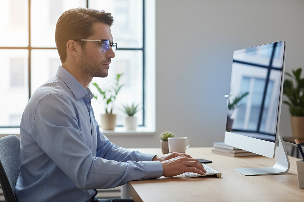 Person wearing ST6206 eyeglasses with blue light protection while working on computer