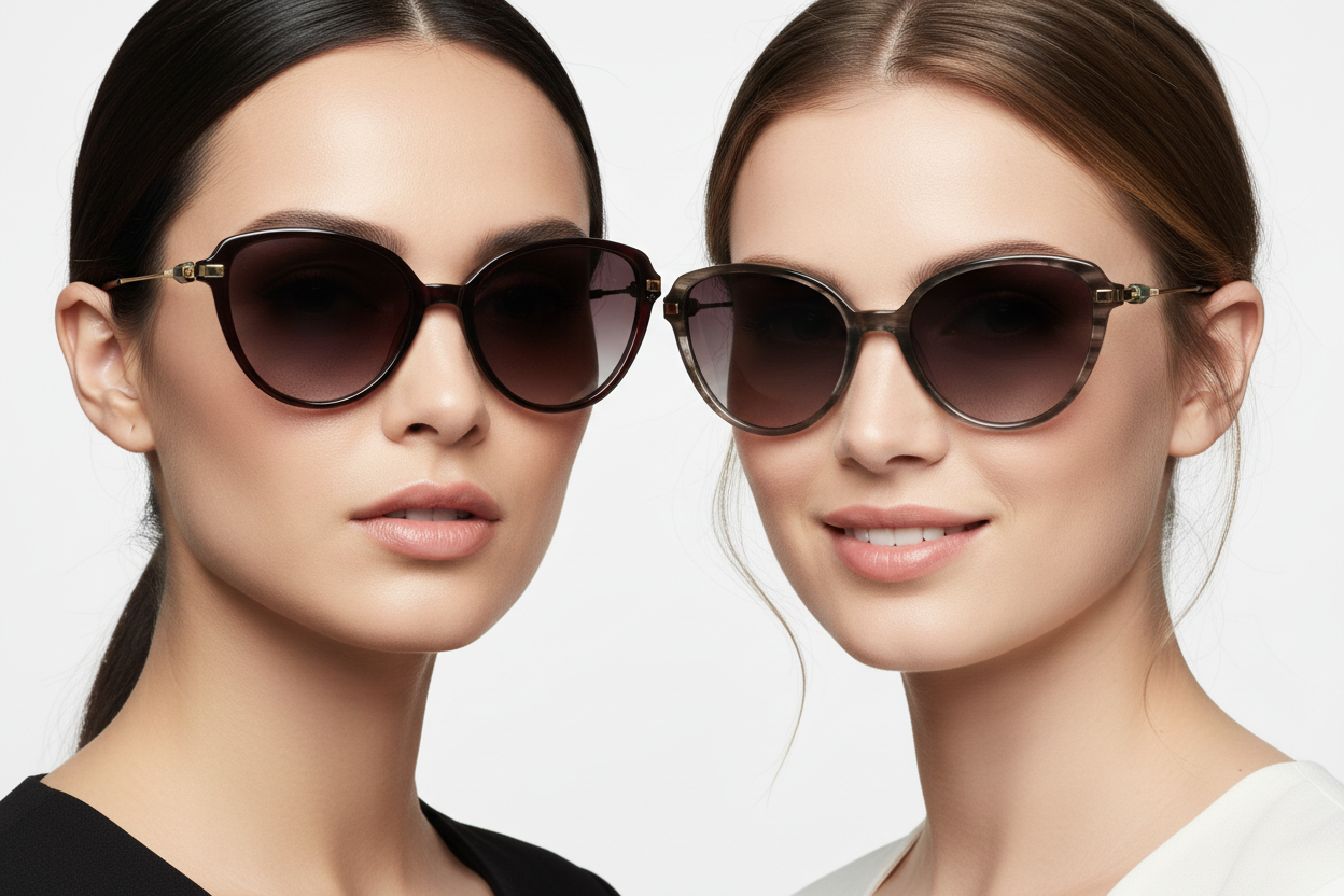 Two women wearing cat-eye sunglasses in different colors