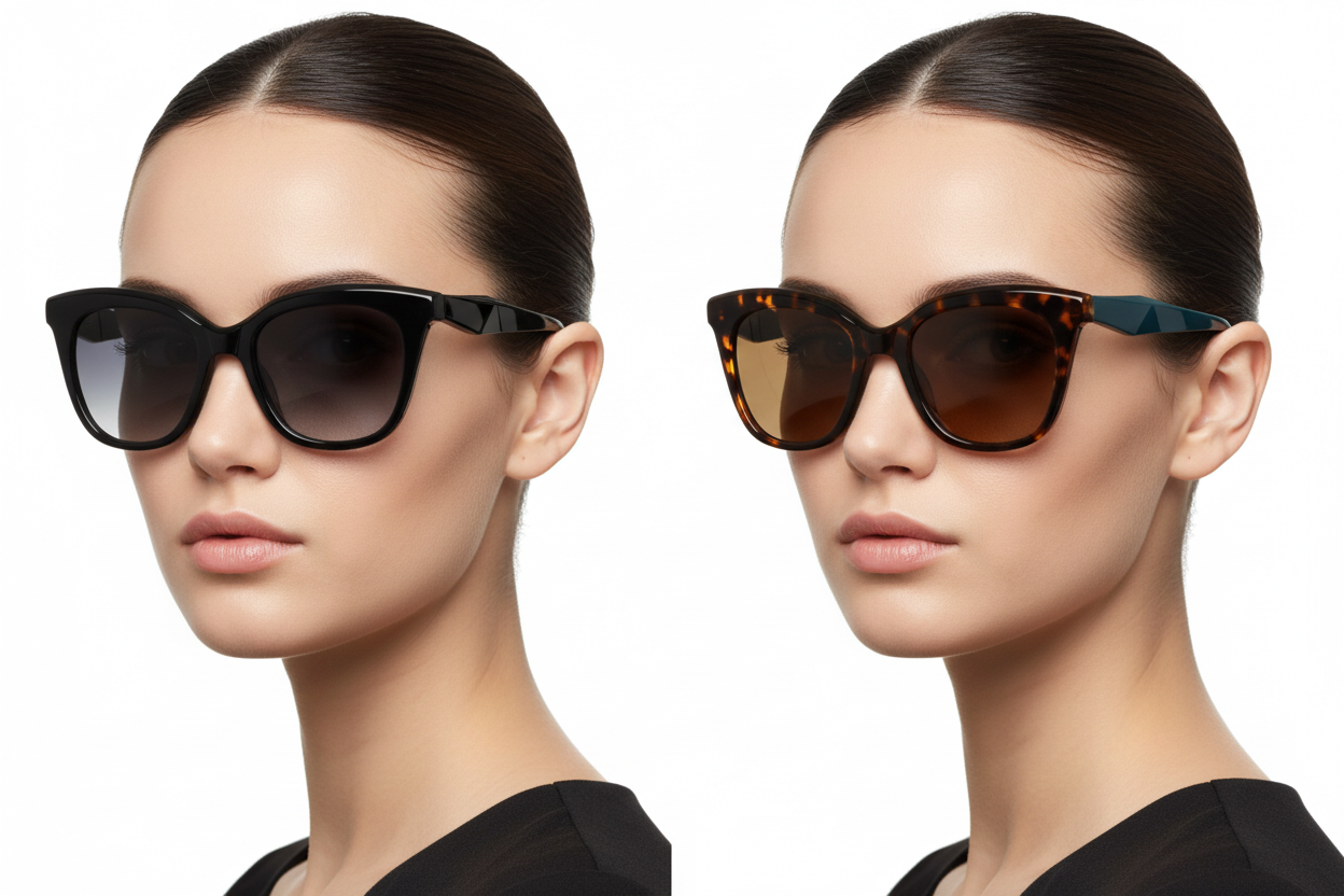 Two women wearing cat-eye sunglasses with two-tone temples