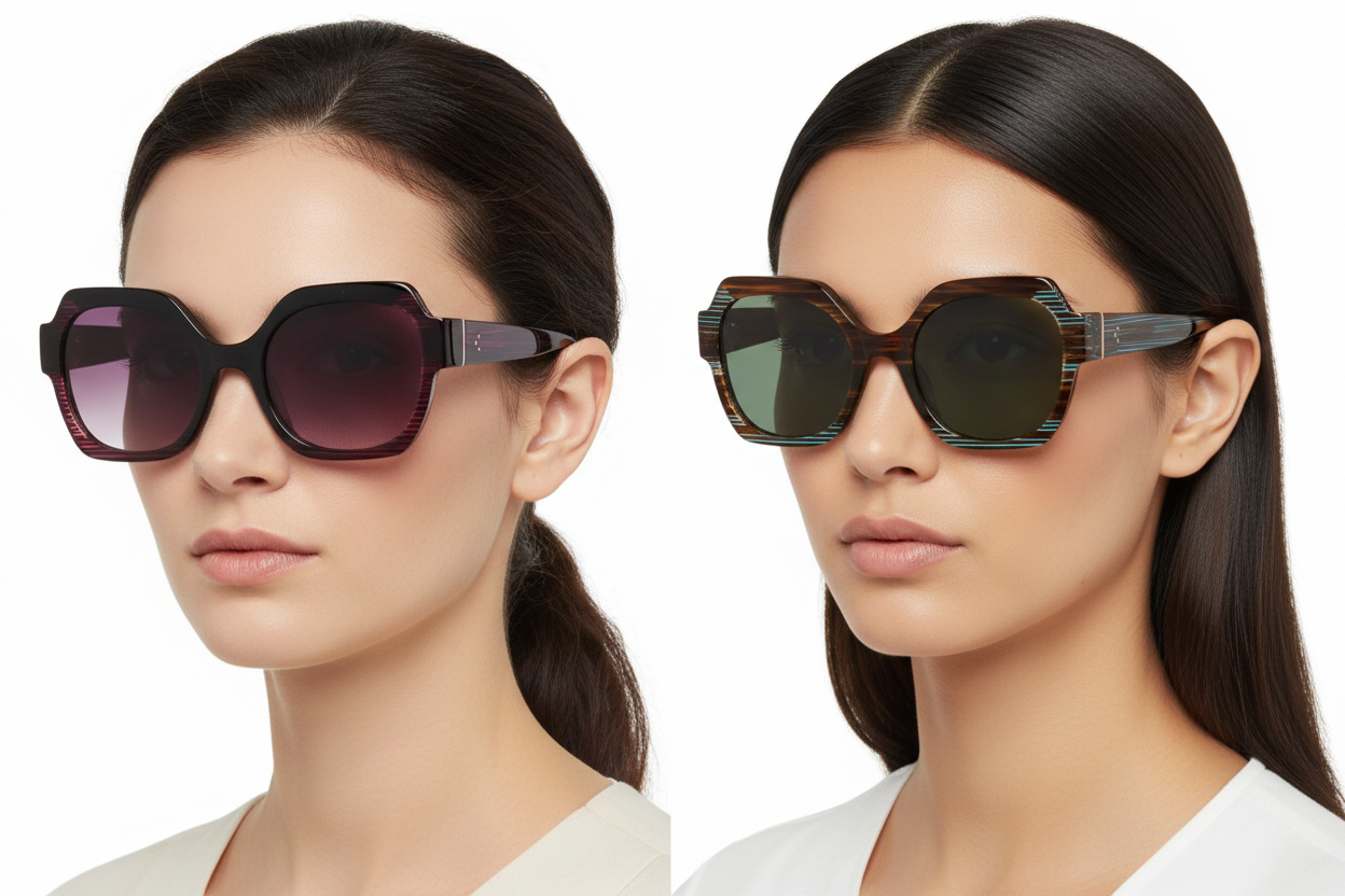 Two women wearing oversized geometric sunglasses