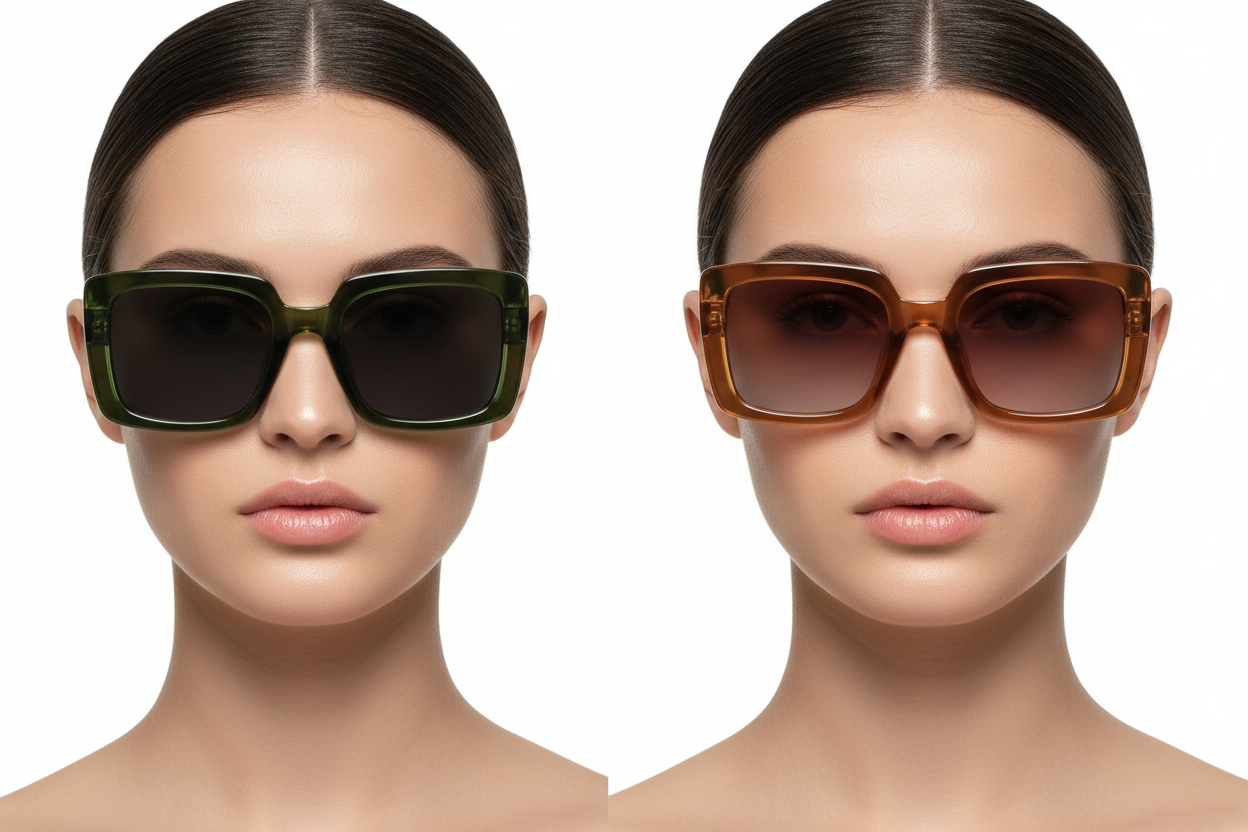 Two women wearing oversized square sunglasses