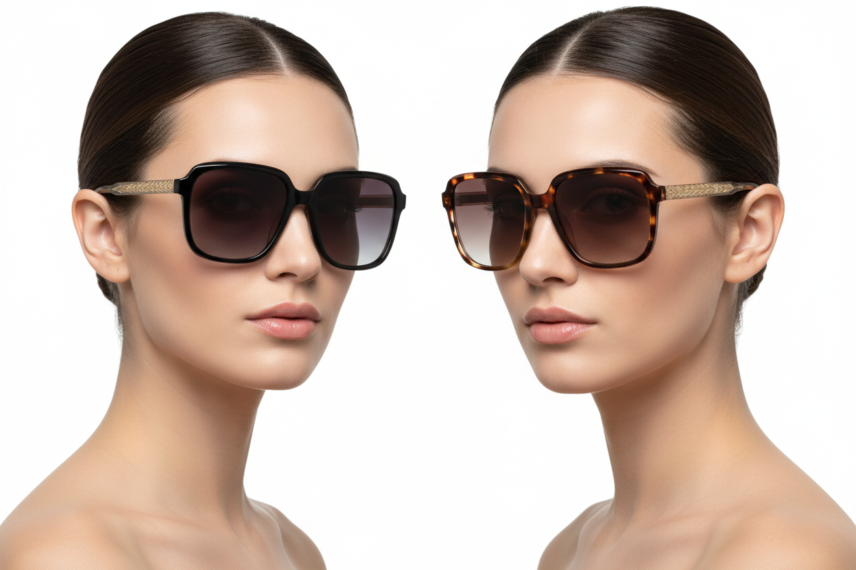 Two women wearing oversized square sunglasses