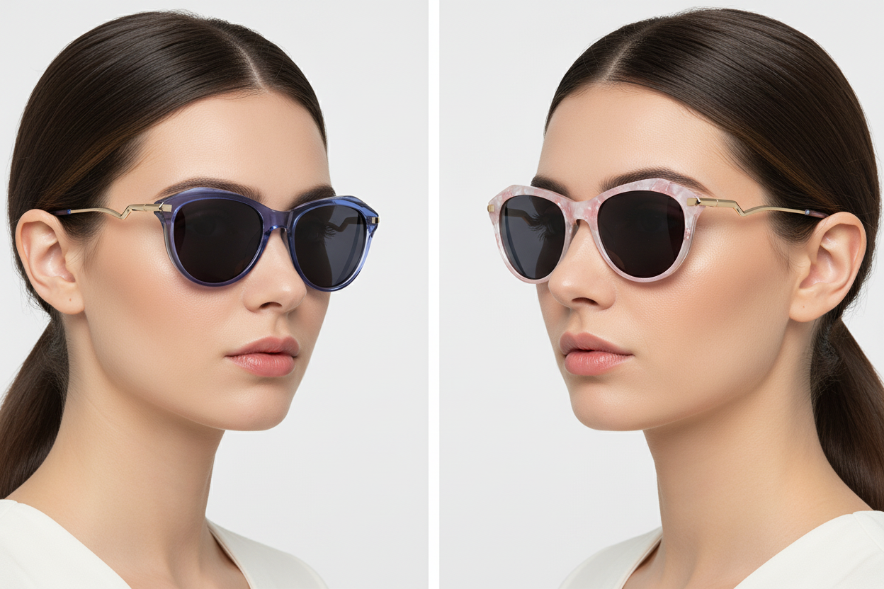 Two women with different face shapes wearing different colored sunglasses