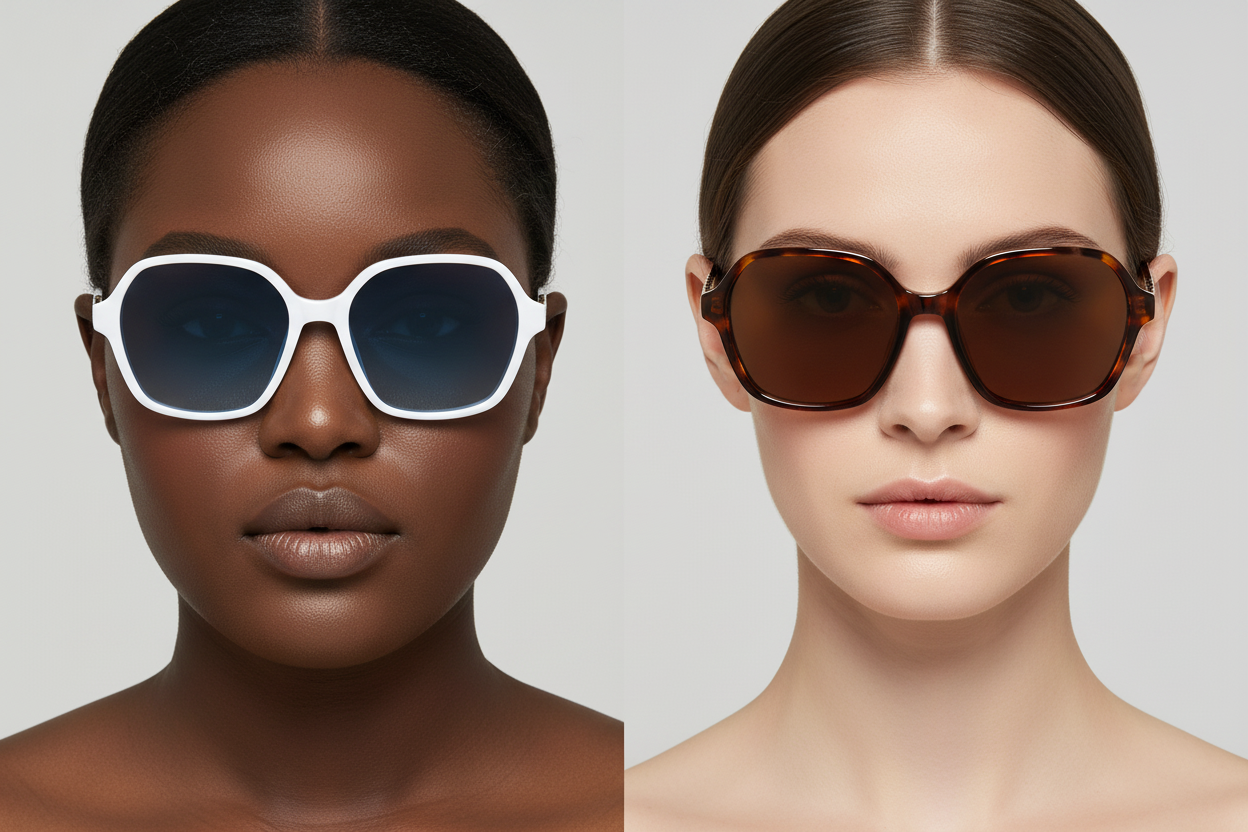 Two women with different features wearing oversized square sunglasses