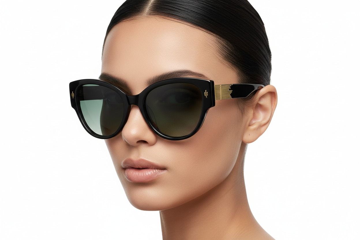 Woman wearing black cat-eye sunglasses with gold temple accent